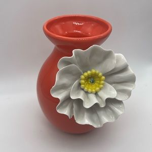 Anthropologie Bright Orange Red Ceramic Vase with Applied 3D White Poppy Flower